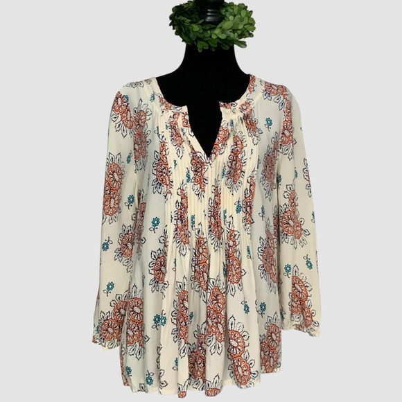 Anthropologie Vanessa Virginia Mahdia Block Print Peasant Pull On Blouse SZ XS - Picture 3 of 13